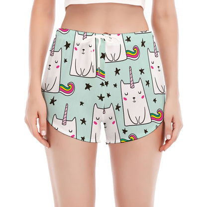 Cute Unicorn Cat Pattern Print Women's Split Running Shorts