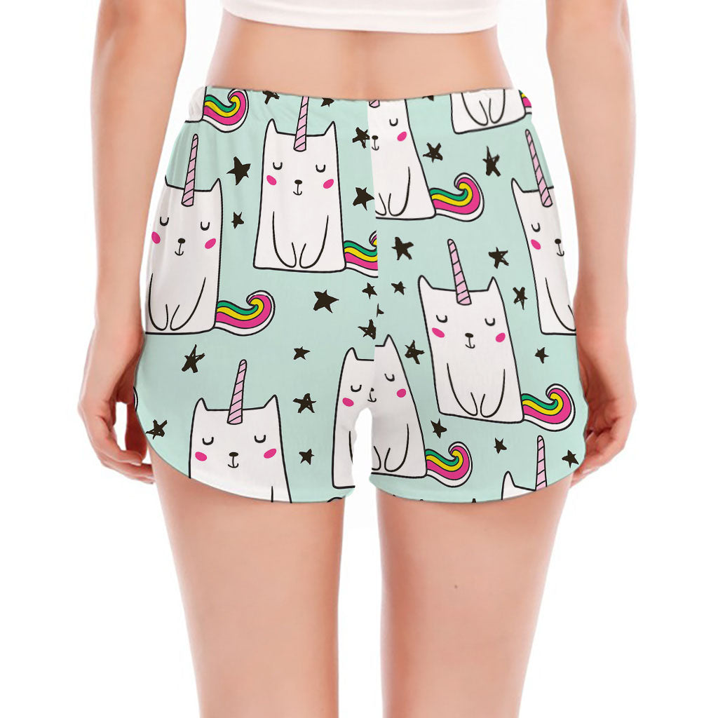 Cute Unicorn Cat Pattern Print Women's Split Running Shorts
