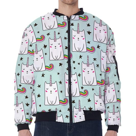 Cute Unicorn Cat Pattern Print Zip Sleeve Bomber Jacket
