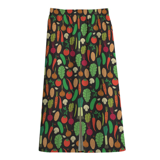 Cute Vegan Pattern Print Cotton Front Slit Maxi Skirt