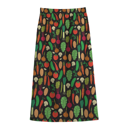 Cute Vegan Pattern Print Cotton Front Slit Maxi Skirt
