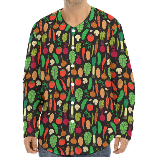 Cute Vegan Pattern Print Long Sleeve Baseball Jersey