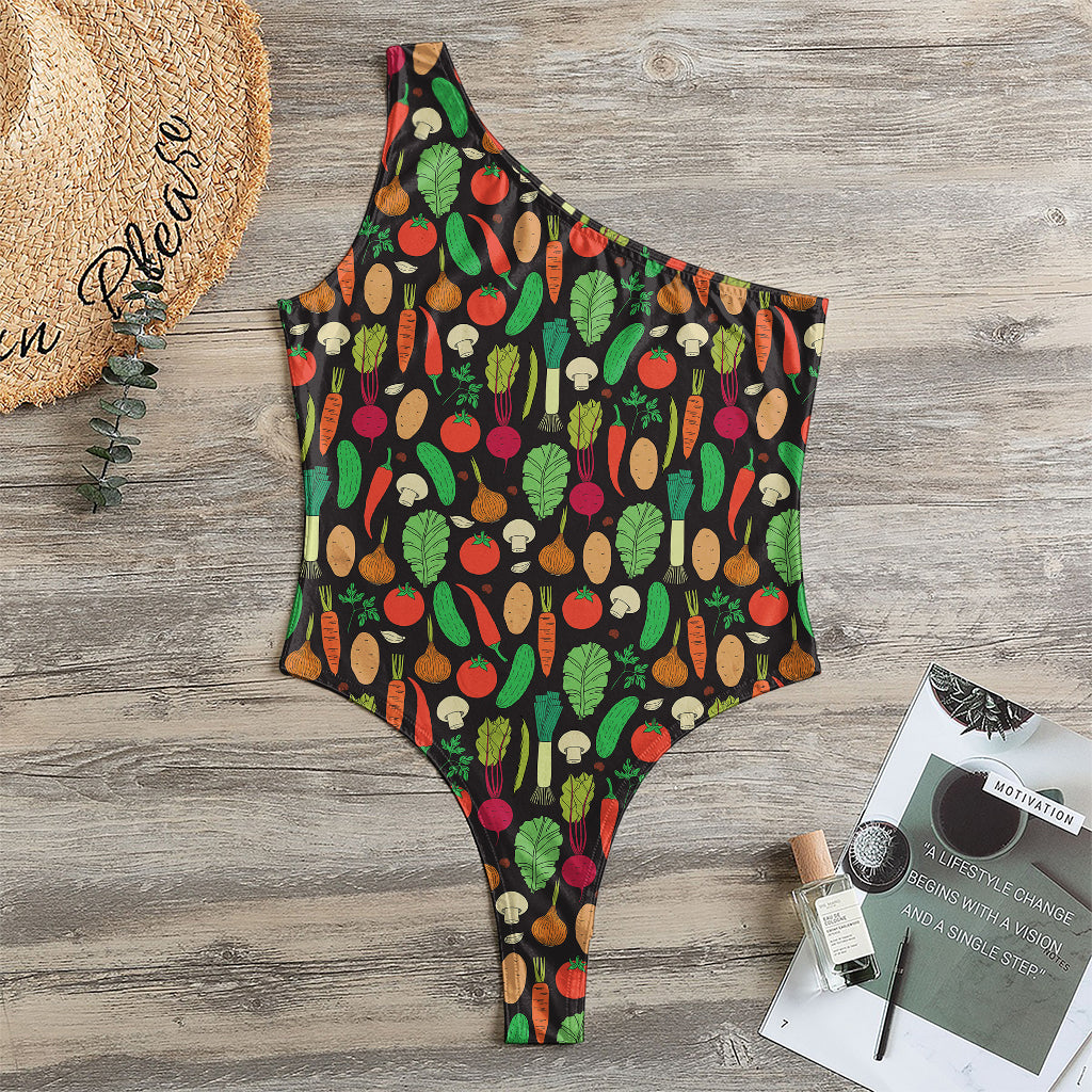 Cute Vegan Pattern Print One Shoulder Bodysuit