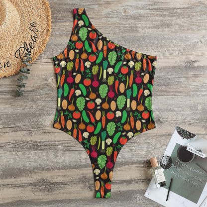Cute Vegan Pattern Print One Shoulder Bodysuit