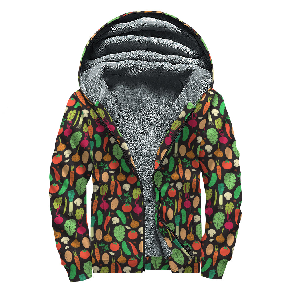 Cute Vegan Pattern Print Sherpa Lined Zip Up Hoodie