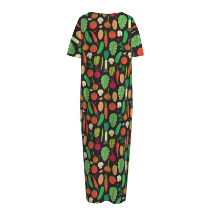 Cute Vegan Pattern Print Short Sleeve Long Nightdress