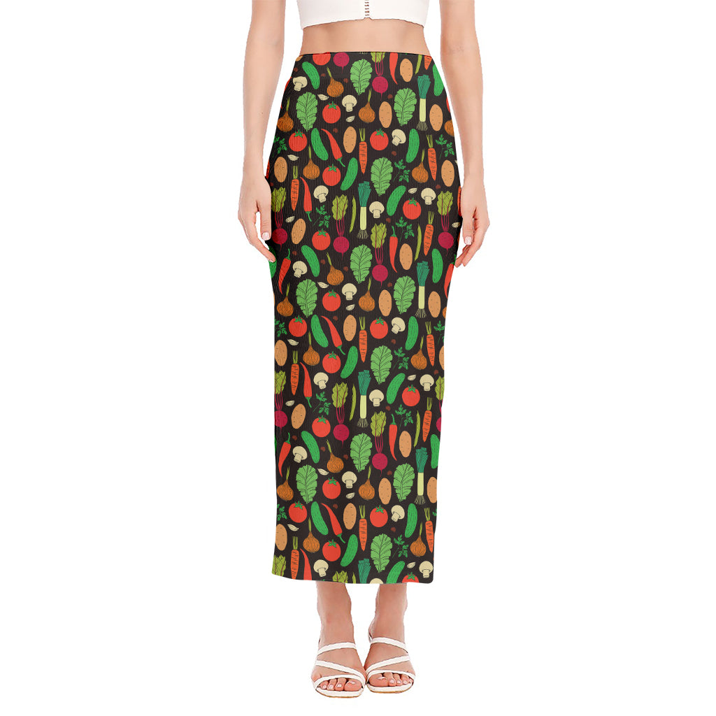 Cute Vegan Pattern Print Side Slit Maxi Skirt