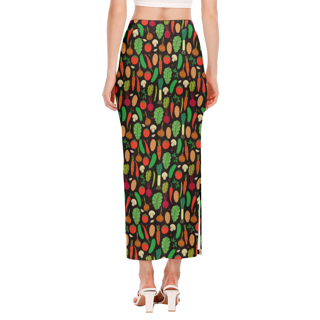 Cute Vegan Pattern Print Side Slit Maxi Skirt