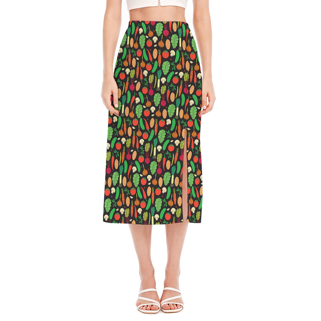 Cute Vegan Pattern Print Side Slit Midi Skirt