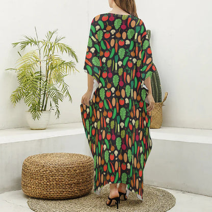 Cute Vegan Pattern Print Silk V-Neck Kaftan Dress