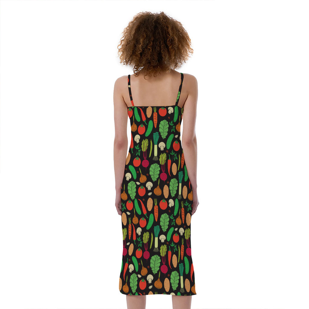 Cute Vegan Pattern Print Slim Fit Midi Cami Dress