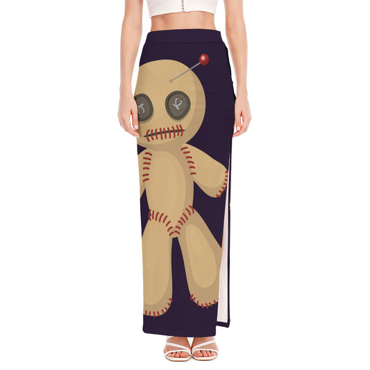 Cute Voodoo Doll Print High Slit Maxi Skirt
