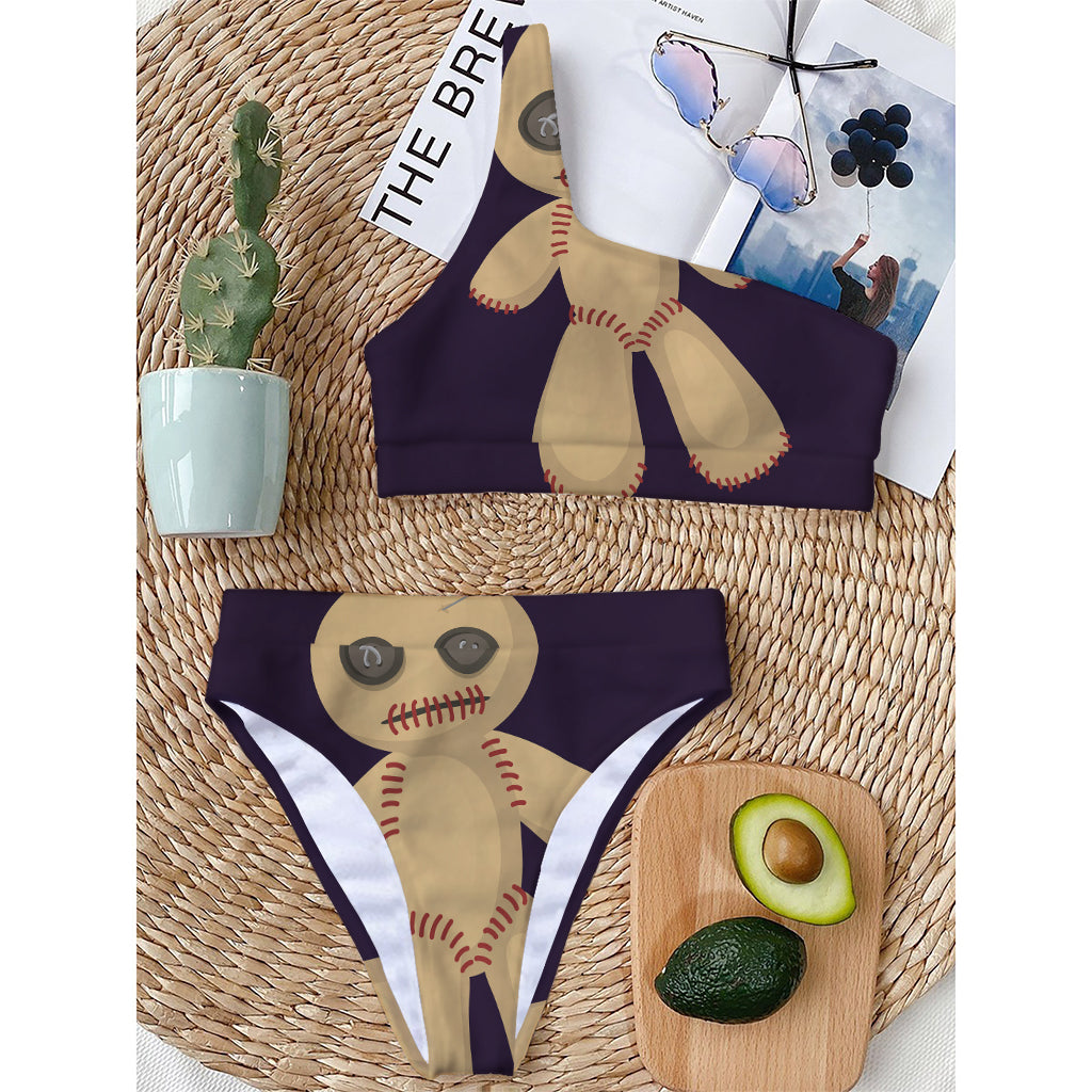 Cute Voodoo Doll Print One Shoulder Bikini Top