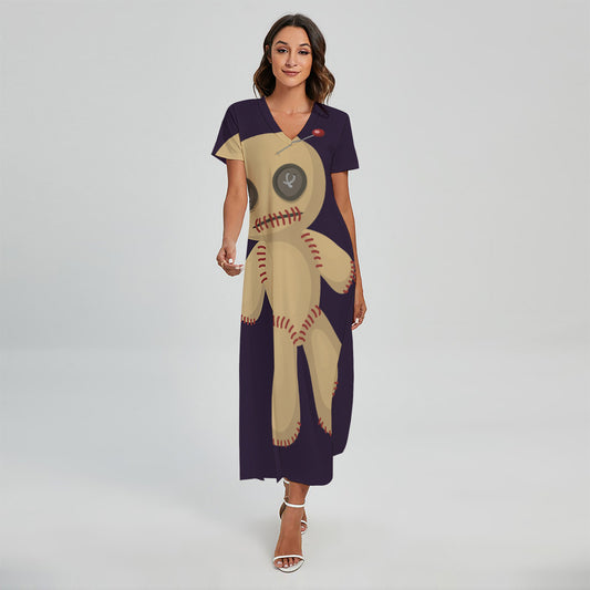 Cute Voodoo Doll Print Short Sleeve Maxi Dress