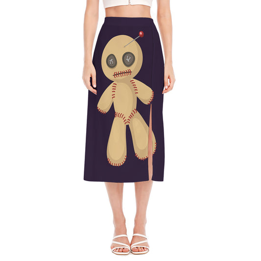Cute Voodoo Doll Print Side Slit Midi Skirt