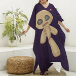Cute Voodoo Doll Print Silk V-Neck Kaftan Dress