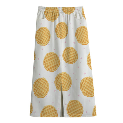 Cute Waffle Pattern Print Cotton Front Slit Maxi Skirt