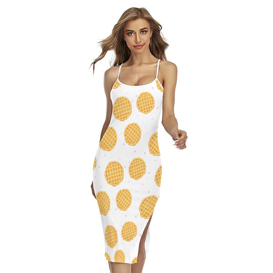 Cute Waffle Pattern Print Cross Back Cami Dress