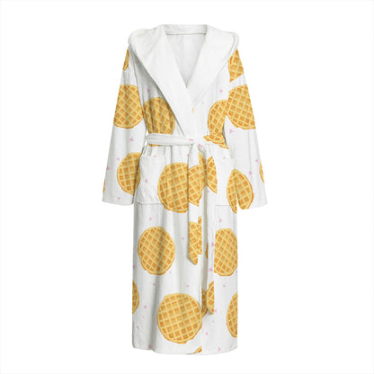 Cute Waffle Pattern Print Hooded Bathrobe