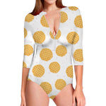 Cute Waffle Pattern Print Long Sleeve Swimsuit