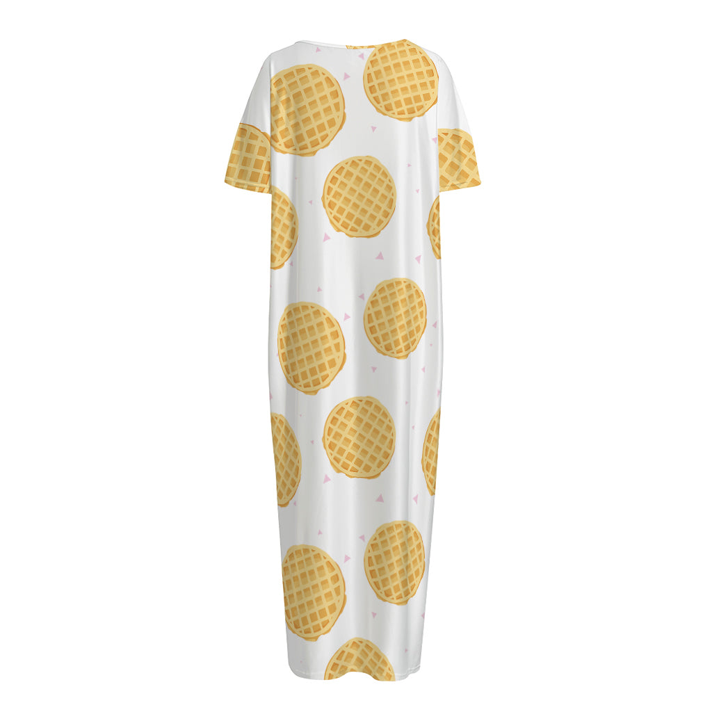 Cute Waffle Pattern Print Short Sleeve Long Nightdress