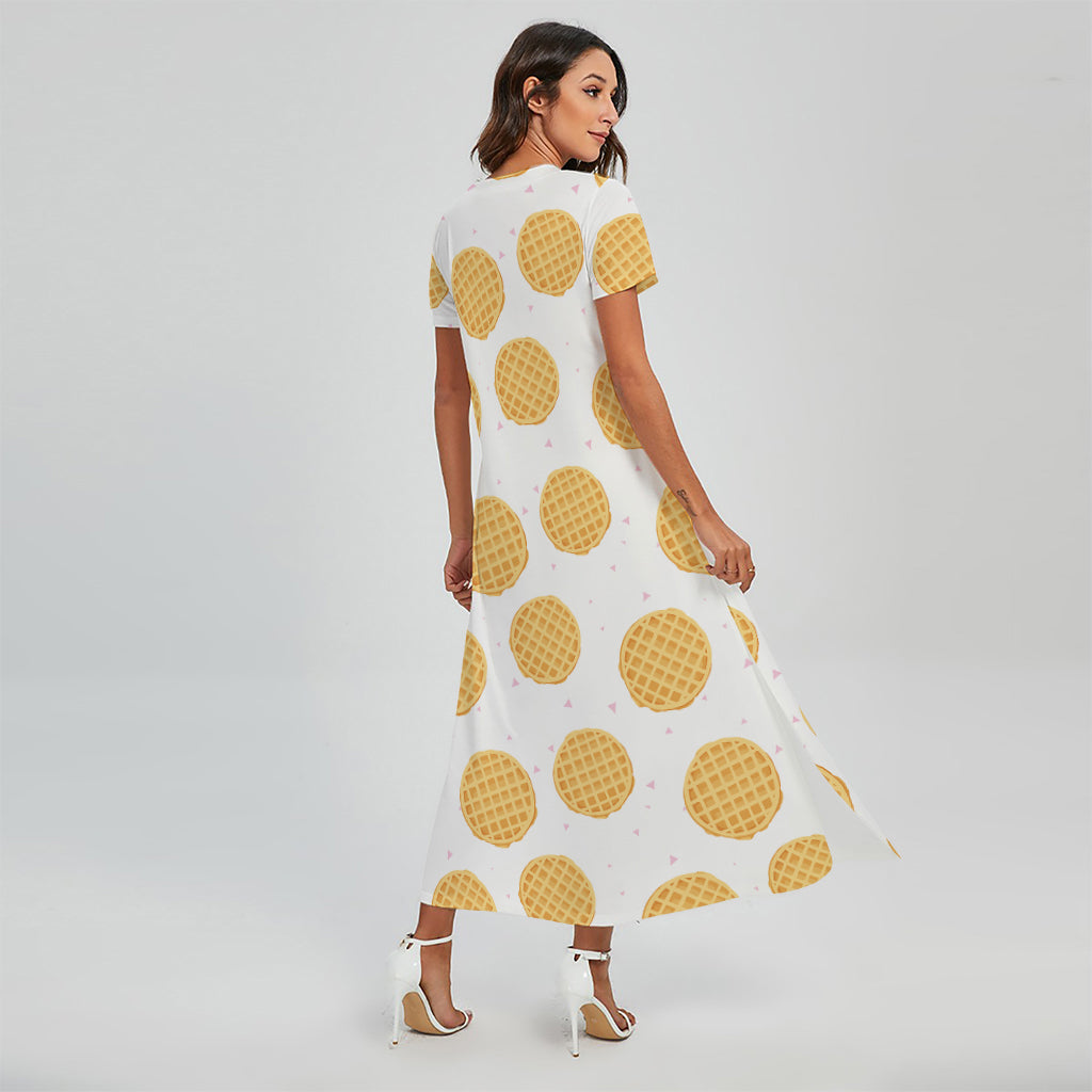 Cute Waffle Pattern Print Short Sleeve Maxi Dress
