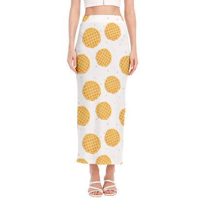 Cute Waffle Pattern Print Side Slit Maxi Skirt