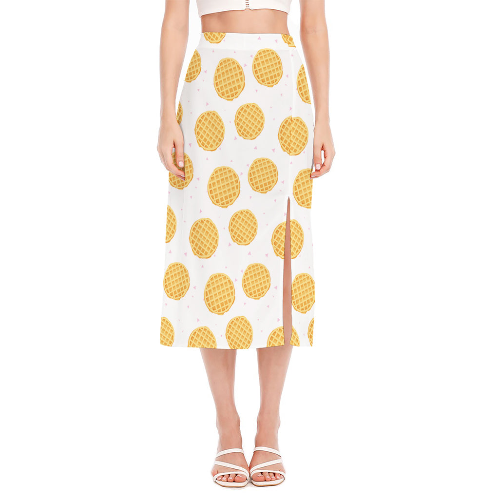 Cute Waffle Pattern Print Side Slit Midi Skirt