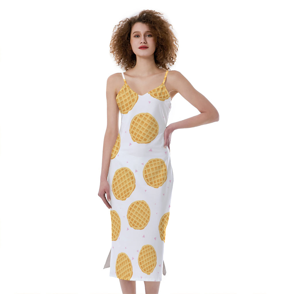 Cute Waffle Pattern Print Slim Fit Midi Cami Dress