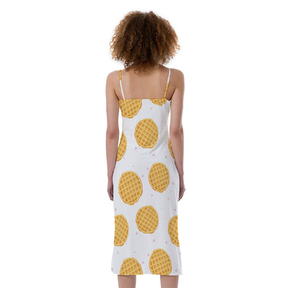 Cute Waffle Pattern Print Slim Fit Midi Cami Dress