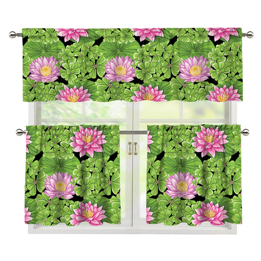Cute Water Lily Pattern Print 3 Piece Kitchen Curtains