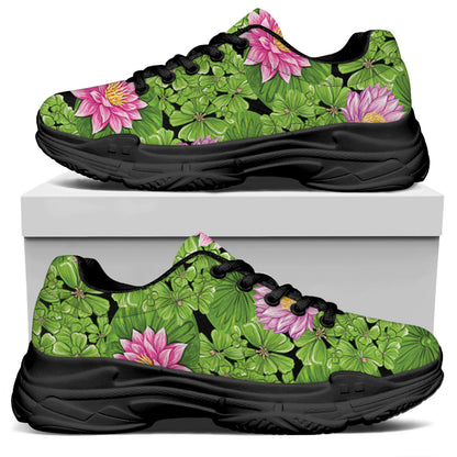 Cute Water Lily Pattern Print Black Chunky Shoes
