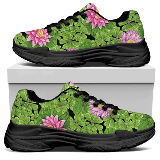 Cute Water Lily Pattern Print Black Chunky Shoes