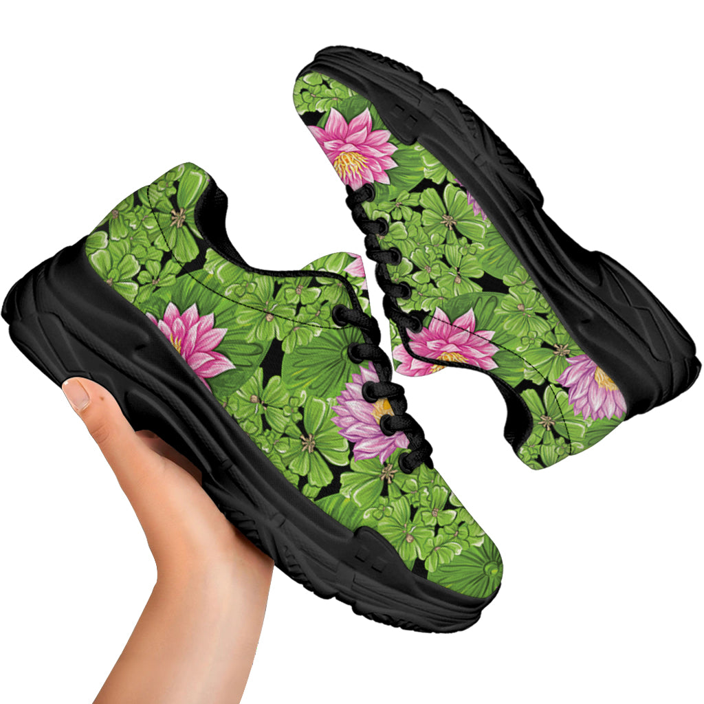Cute Water Lily Pattern Print Black Chunky Shoes