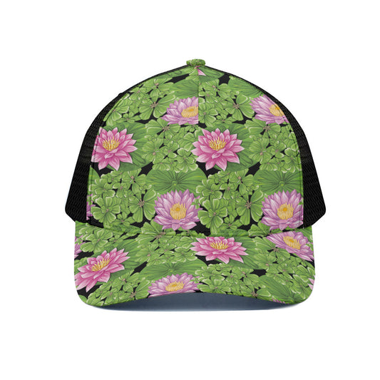Cute Water Lily Pattern Print Black Mesh Trucker Cap