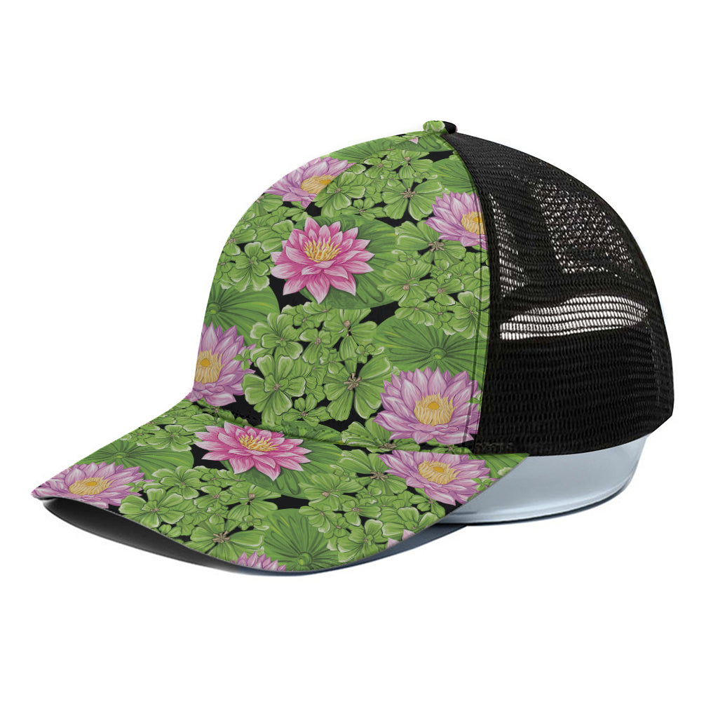 Cute Water Lily Pattern Print Black Mesh Trucker Cap