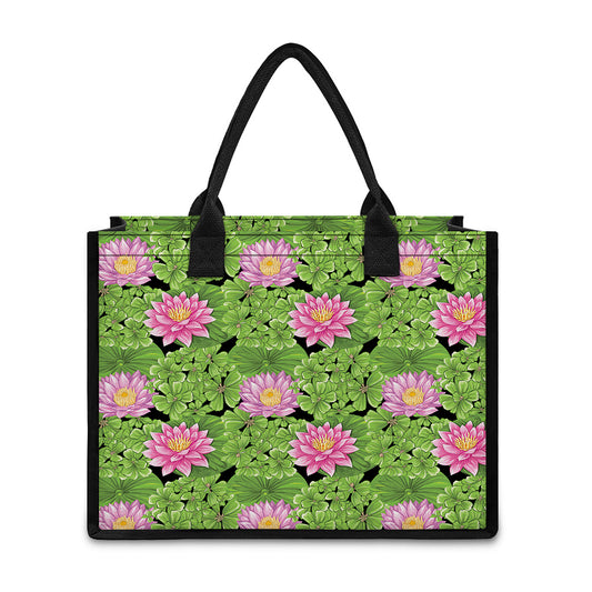 Cute Water Lily Pattern Print Canvas Tote Bag