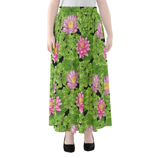 Cute Water Lily Pattern Print Chiffon Maxi Skirt