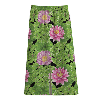 Cute Water Lily Pattern Print Cotton Front Slit Maxi Skirt