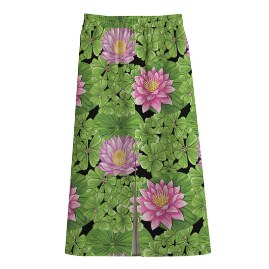 Cute Water Lily Pattern Print Cotton Front Slit Maxi Skirt