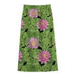 Cute Water Lily Pattern Print Cotton Front Slit Maxi Skirt