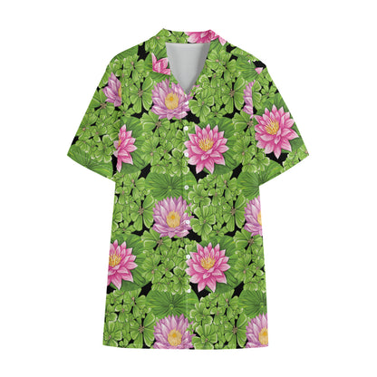 Cute Water Lily Pattern Print Cotton Hawaiian Shirt
