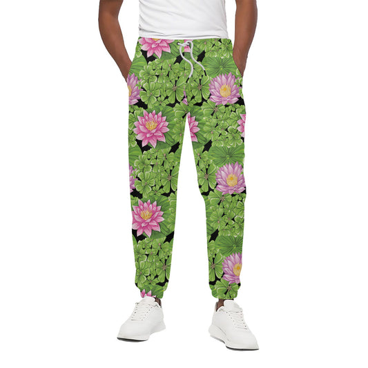 Cute Water Lily Pattern Print Cotton Pants
