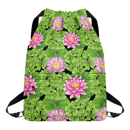 Cute Water Lily Pattern Print Drawstring Backpack