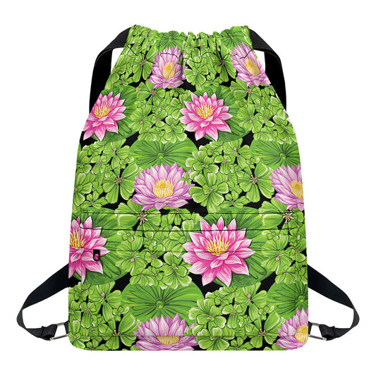 Cute Water Lily Pattern Print Drawstring Backpack