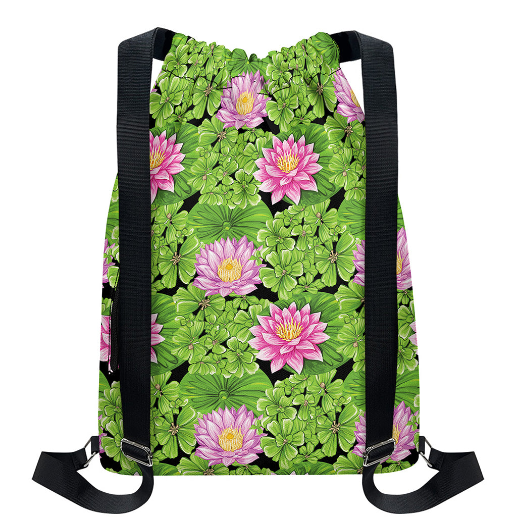 Cute Water Lily Pattern Print Drawstring Backpack
