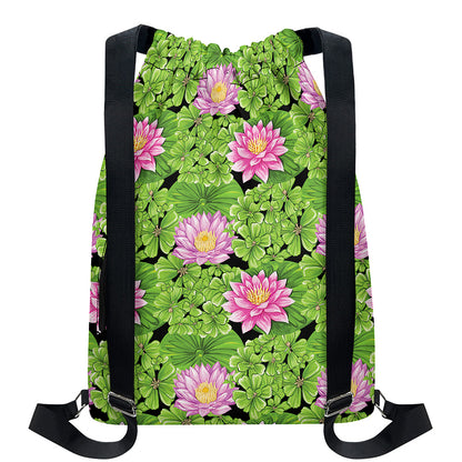 Cute Water Lily Pattern Print Drawstring Backpack