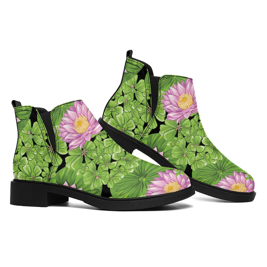 Cute Water Lily Pattern Print Flat Ankle Boots