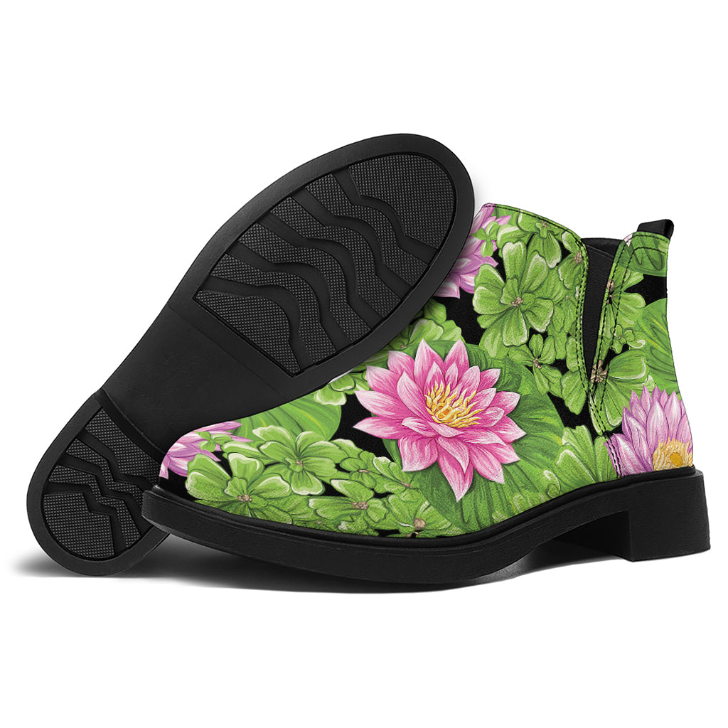 Cute Water Lily Pattern Print Flat Ankle Boots