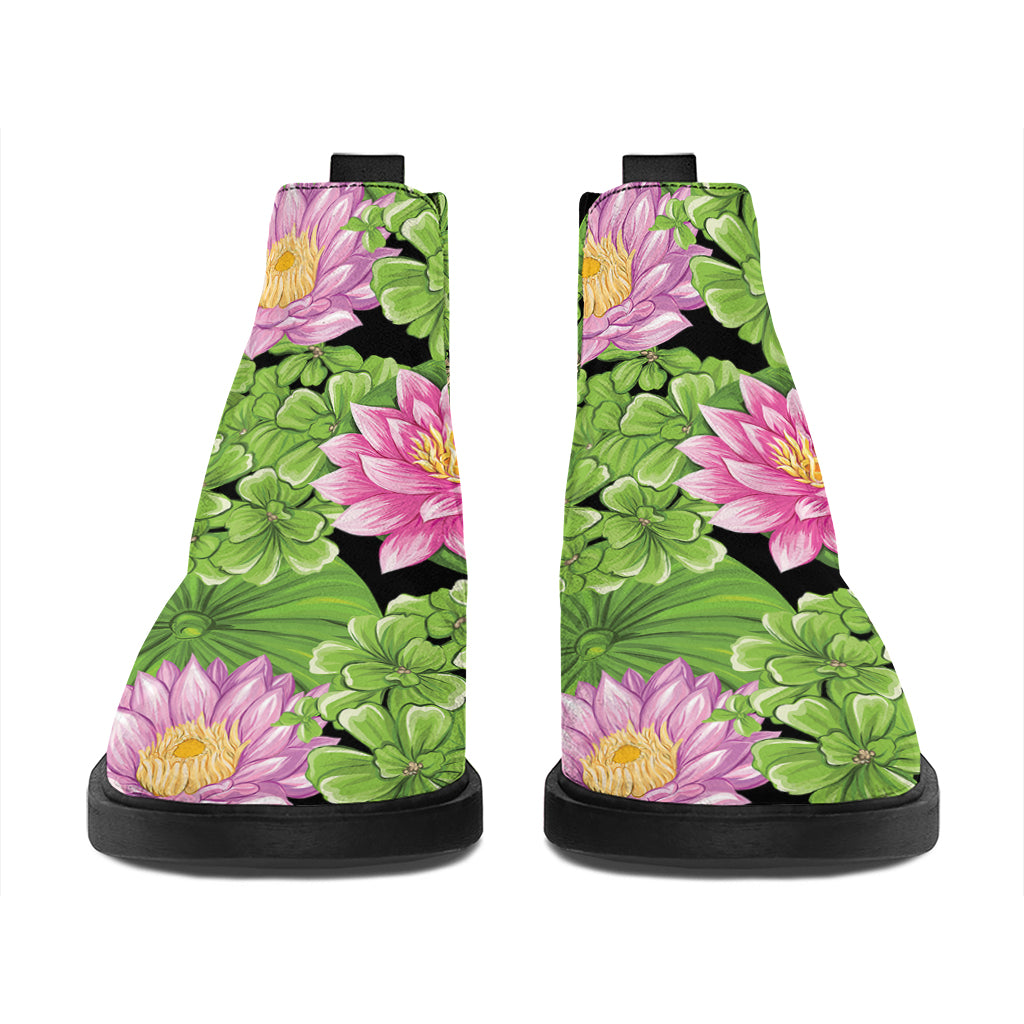Cute Water Lily Pattern Print Flat Ankle Boots